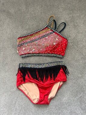 Red Two-Piece Glamour Dance Costume with Fringe - Large Adult
